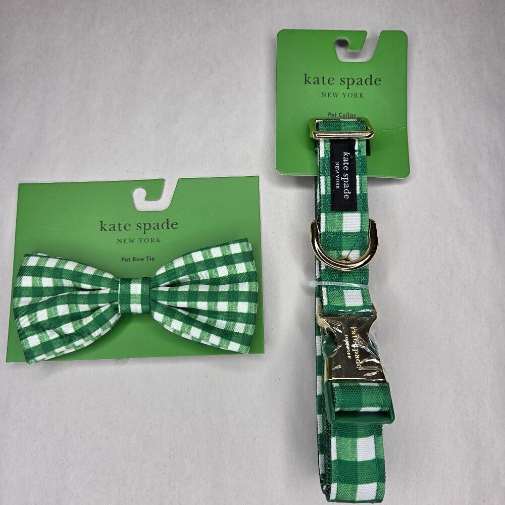 NWT Kate Spade Green Gingham Dog Collar & Attachable Bow Tie